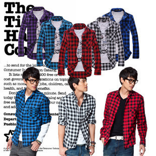Men's long sleeve plaid shirt Korean fashion slim lapel shirt