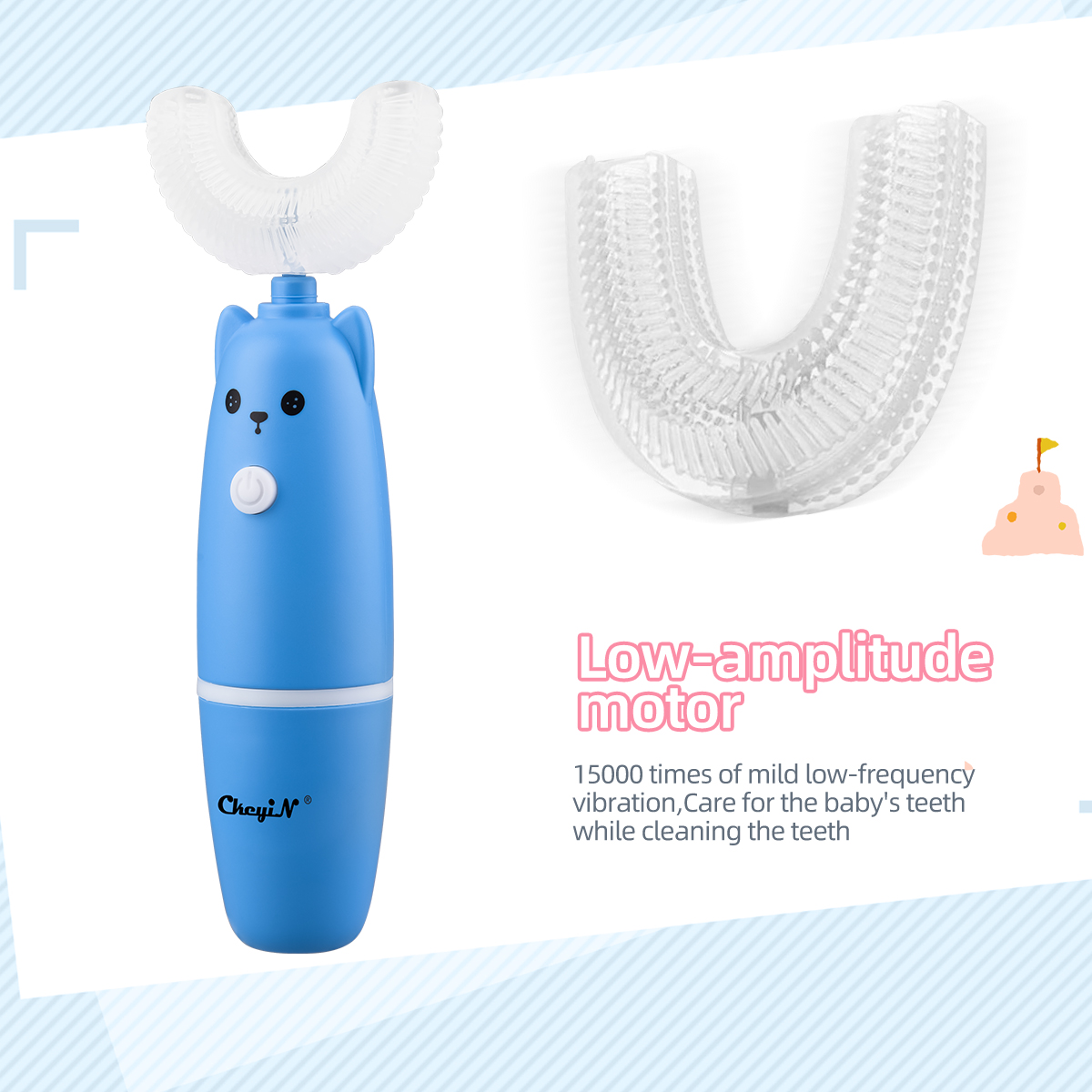 3-12 Years Old Kid Electric U shaped Toothbrush Food Grade Teeth Cleansing Brush Battery Operated Clean the teeth in 360° With Replaceable brush heads