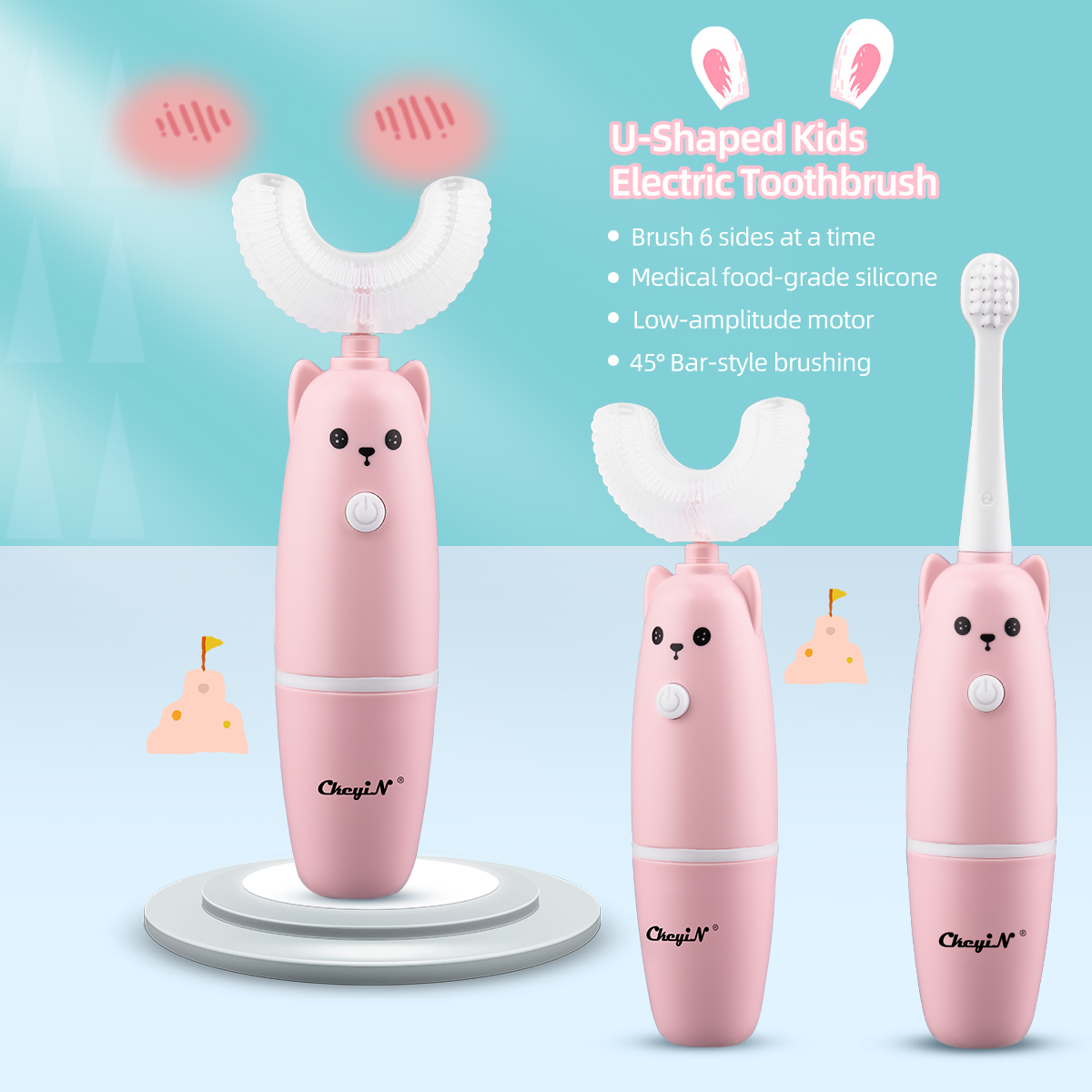 3-12 Years Old Kid Electric U shaped Toothbrush Food Grade Teeth Cleansing Brush Battery Operated Clean the teeth in 360° With Replaceable brush heads