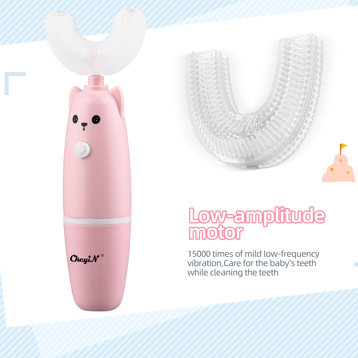 3-12 Years Old Kid Electric U shaped Toothbrush Food Grade Teeth Cleansing Brush Battery Operated Clean the teeth in 360° With Replaceable brush heads