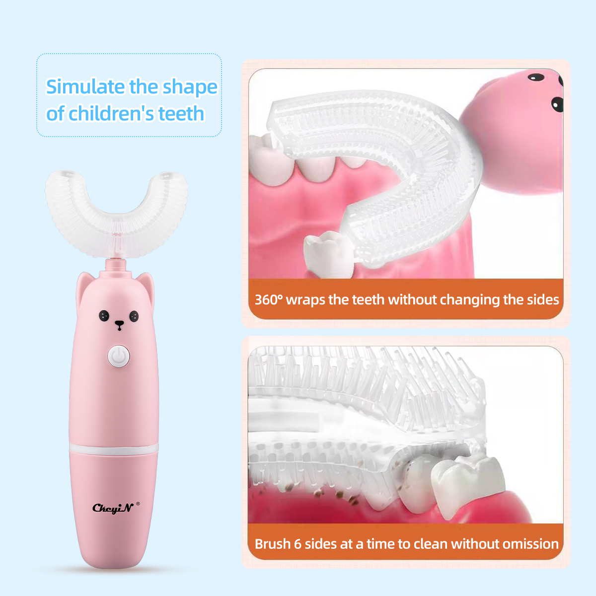 3-12 Years Old Kid Electric U shaped Toothbrush Food Grade Teeth Cleansing Brush Battery Operated Clean the teeth in 360° With Replaceable brush heads