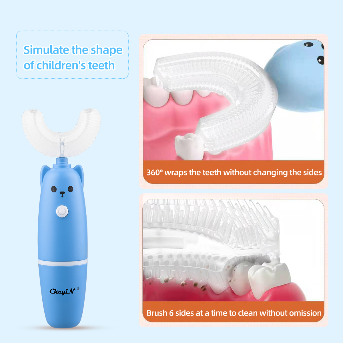 3-12 Years Old Kid Electric U shaped Toothbrush Food Grade Teeth Cleansing Brush Battery Operated Clean the teeth in 360° With Replaceable brush heads