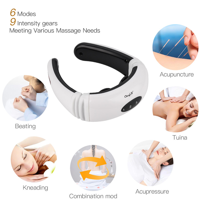 Electric Neck Massager External 2 Electrode Pads 3D Wireless Pulse Massager 6 Modes Massage Tool