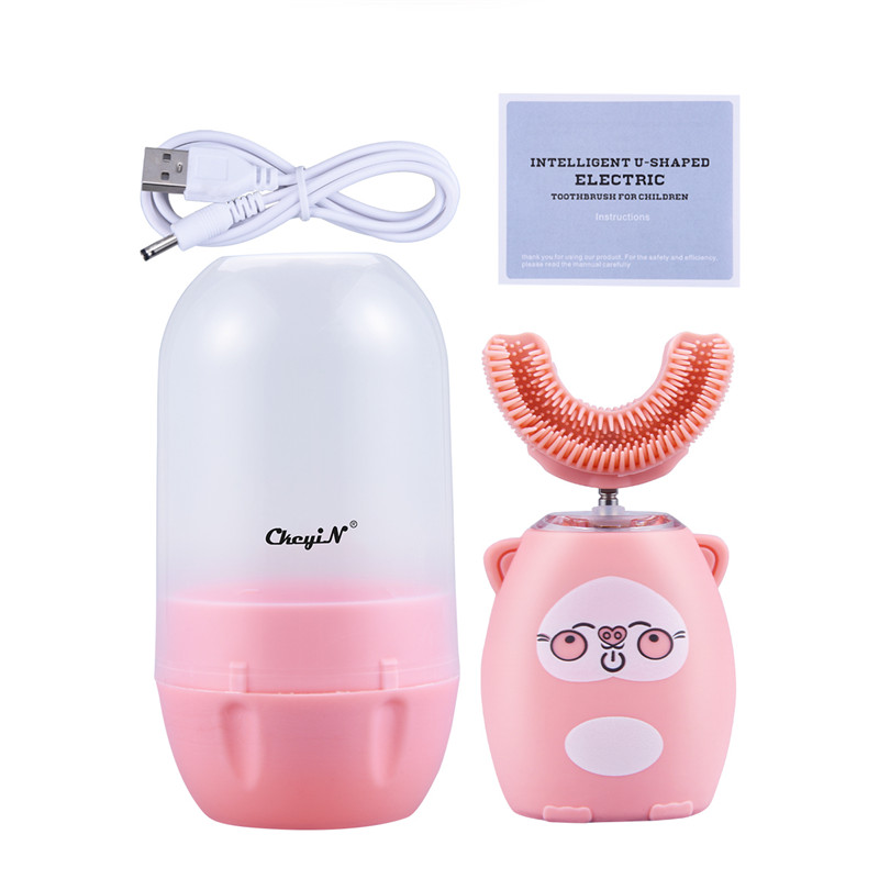 Kids Electric Toothbrush U-Shape Automatic Waterproof Sonic Vibration Toothbrush 4 Modes &amp; LED Light