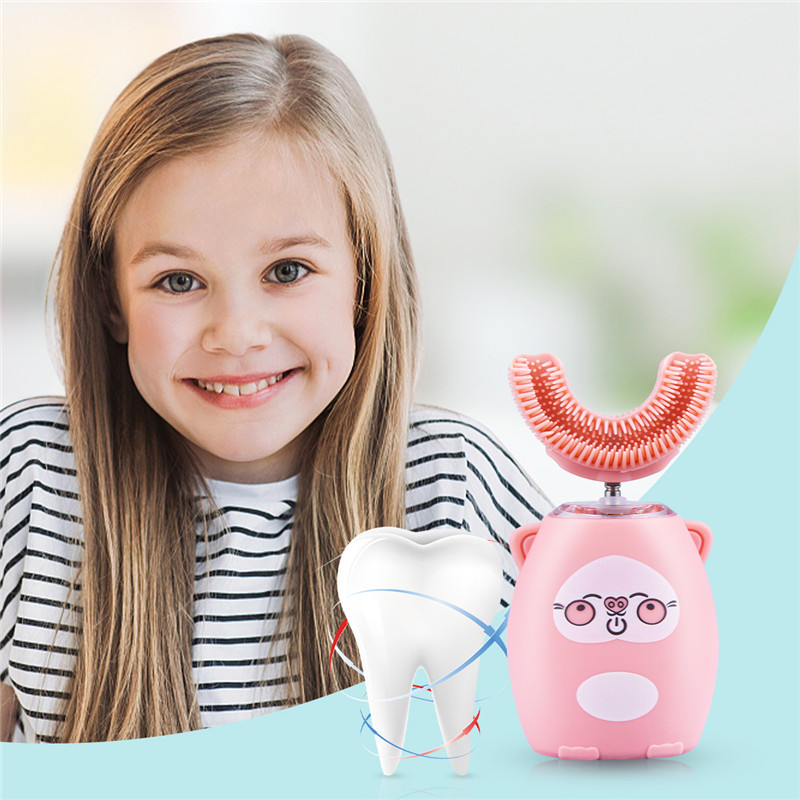 Kids Electric Toothbrush U-Shape Automatic Waterproof Sonic Vibration Toothbrush 4 Modes &amp; LED Light