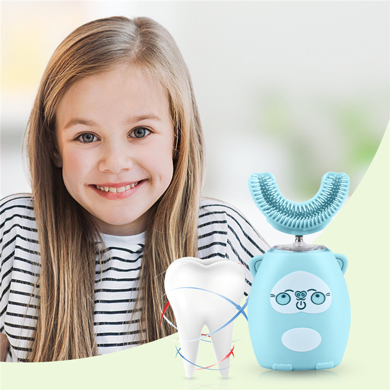 Kids Electric Toothbrush U-Shape Automatic Waterproof Sonic Vibration Toothbrush 4 Modes &amp; LED Light
