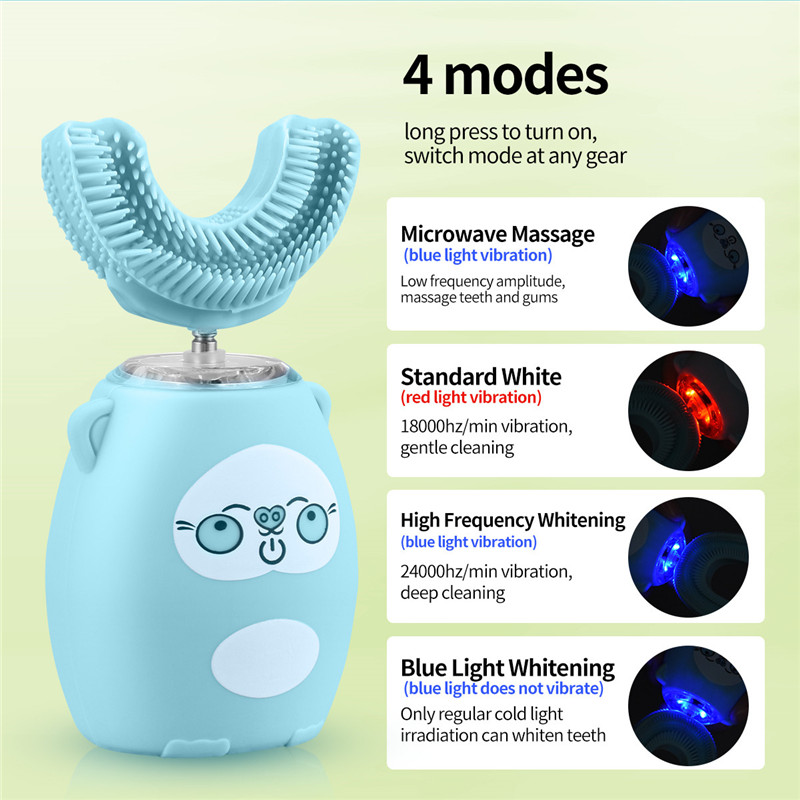 Kids Electric Toothbrush U-Shape Automatic Waterproof Sonic Vibration Toothbrush 4 Modes &amp; LED Light