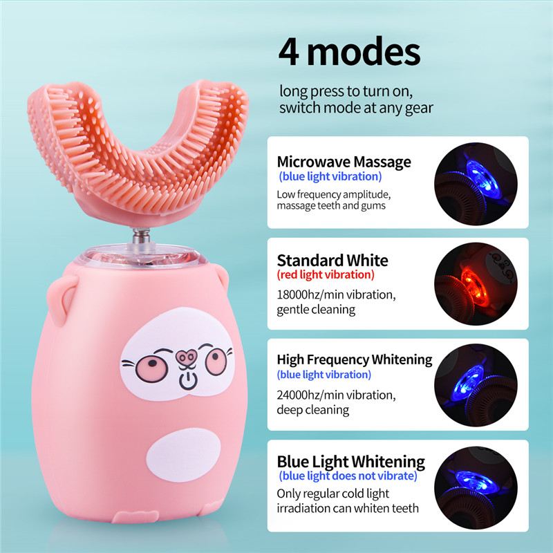 Kids Electric Toothbrush U-Shape Automatic Waterproof Sonic Vibration Toothbrush 4 Modes &amp; LED Light