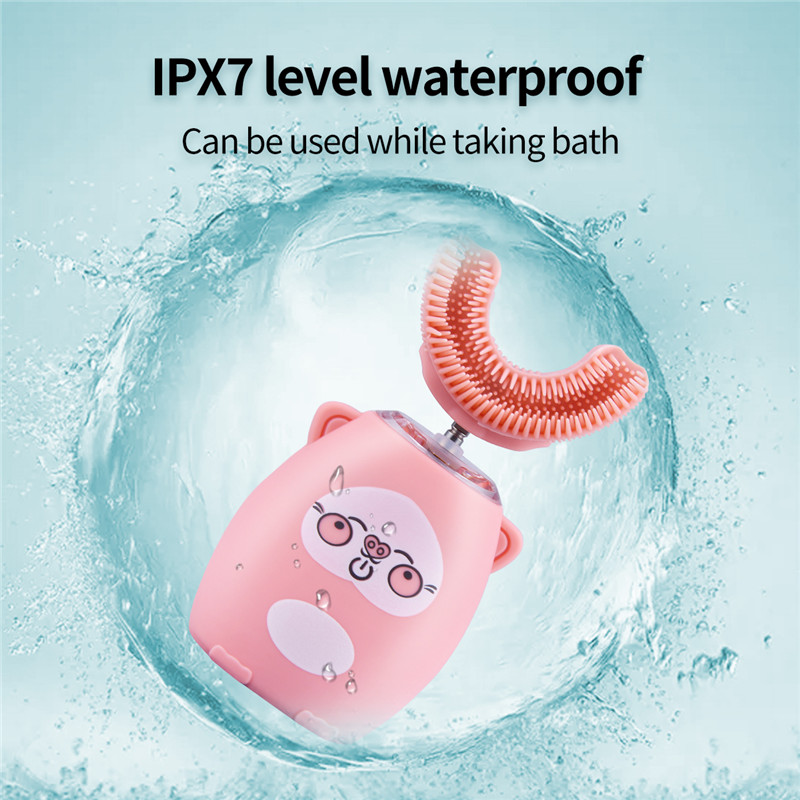 Kids Electric Toothbrush U-Shape Automatic Waterproof Sonic Vibration Toothbrush 4 Modes &amp; LED Light