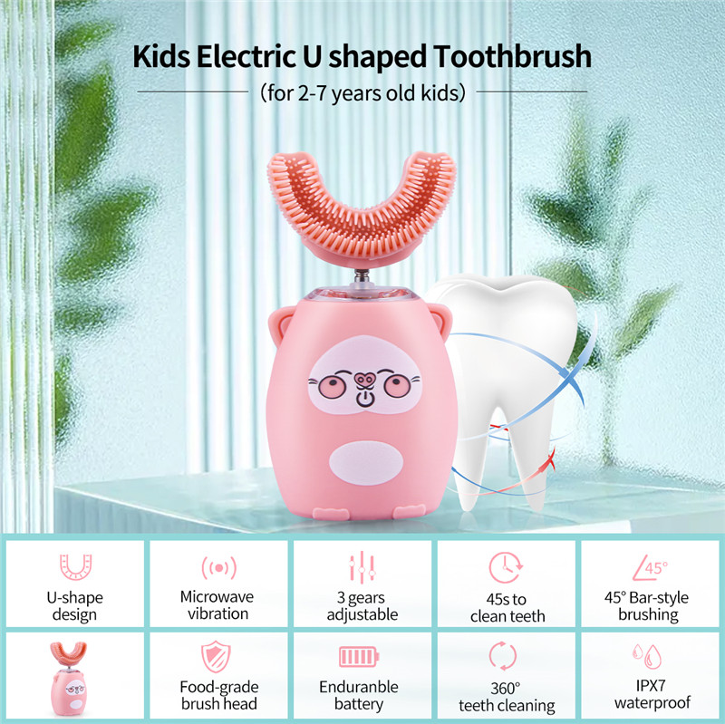 Kids Electric Toothbrush U-Shape Automatic Waterproof Sonic Vibration Toothbrush 4 Modes &amp; LED Light