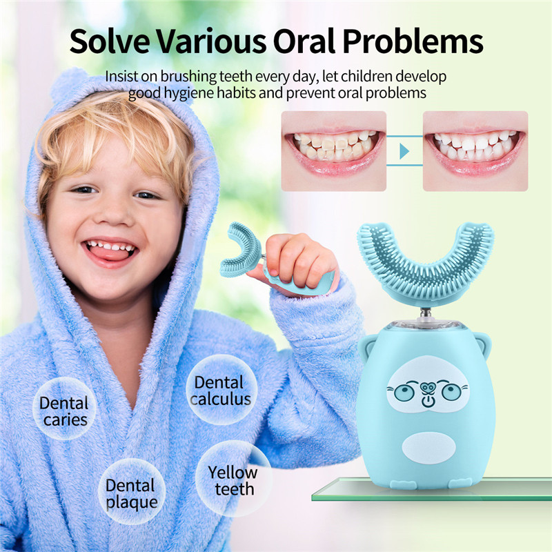 Kids Electric Toothbrush U-Shape Automatic Waterproof Sonic Vibration Toothbrush 4 Modes &amp; LED Light