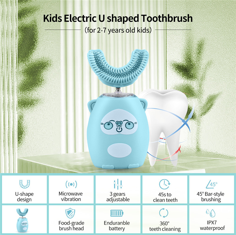 Kids Electric Toothbrush U-Shape Automatic Waterproof Sonic Vibration Toothbrush 4 Modes &amp; LED Light