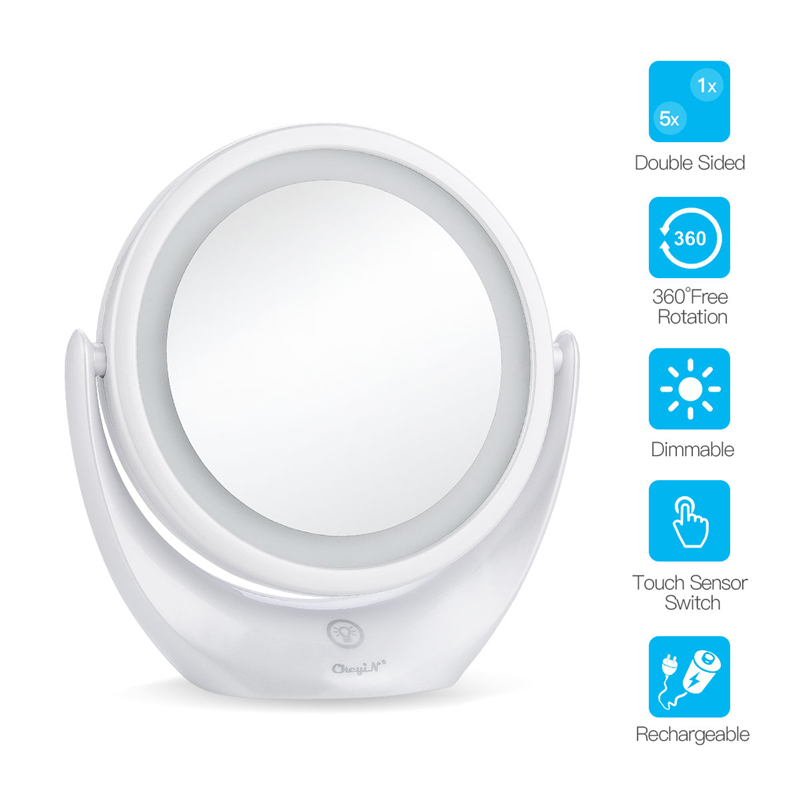 LED Makeup Mirror Double-Sided Mirror 1x/5x Magnification Cosmetic Mirror 360° Swivel Vanity Mirror
