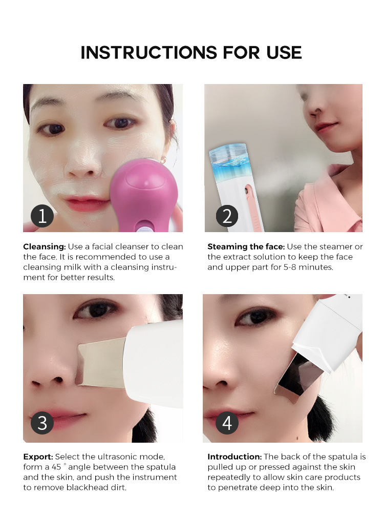 2 In 1 Ultrasonic Skin Scrubber Ion Deep Face Ultrasonic Cleaning Remove Acne Blackheads Replaceable Head Peeling Shovel