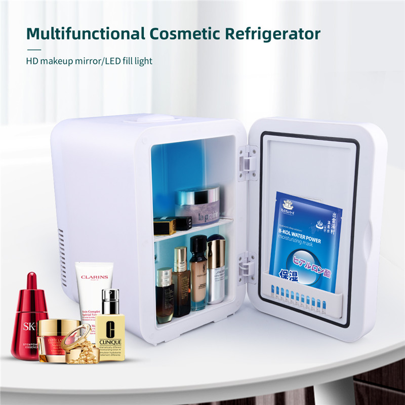 6L Mini Makeup Fridge Portable Cosmetic Refrigerator Facial Mask Skin Care Products Refrigerator With LED Makeup Mirror Home And Car Small Refrigerator Dual Use Hot Cold