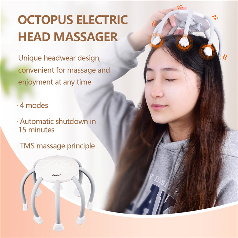 Electric Octopus Head Massager Kneading Relaxing Scalp Automatic Vibration Stress Relief Tool Meridian Dredge Scalp Massager Brain Relaxation TMS massager with eight 3D massage heads 4 massage modes