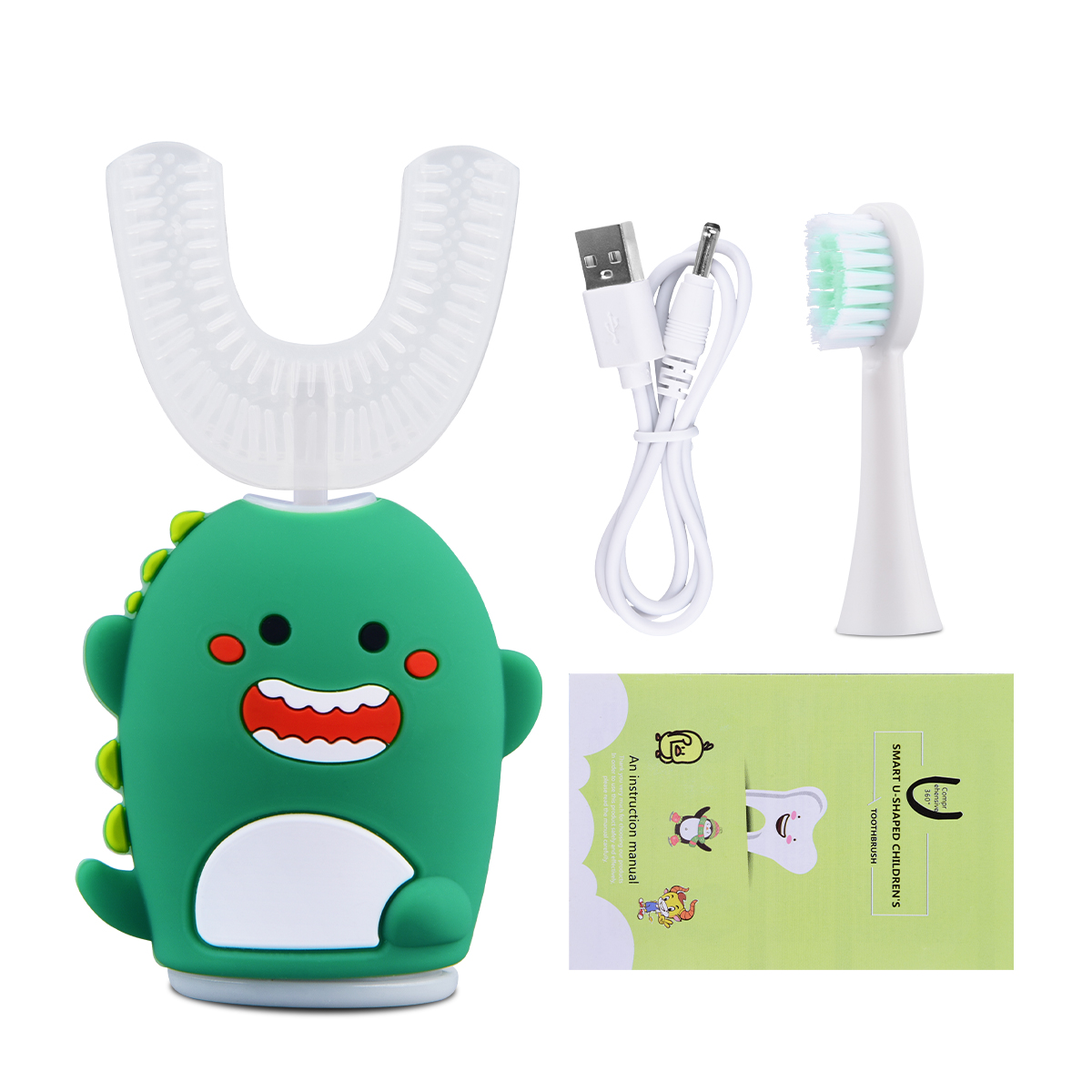 Smart 360° U-shape Sonic Electric Toothbrush Kids Silicone Automatic Cartoon Pattern Children Ultrasonic Toothbrush suitable for 6-12Y babies U-shape head + soft bristle head Support wireless charging