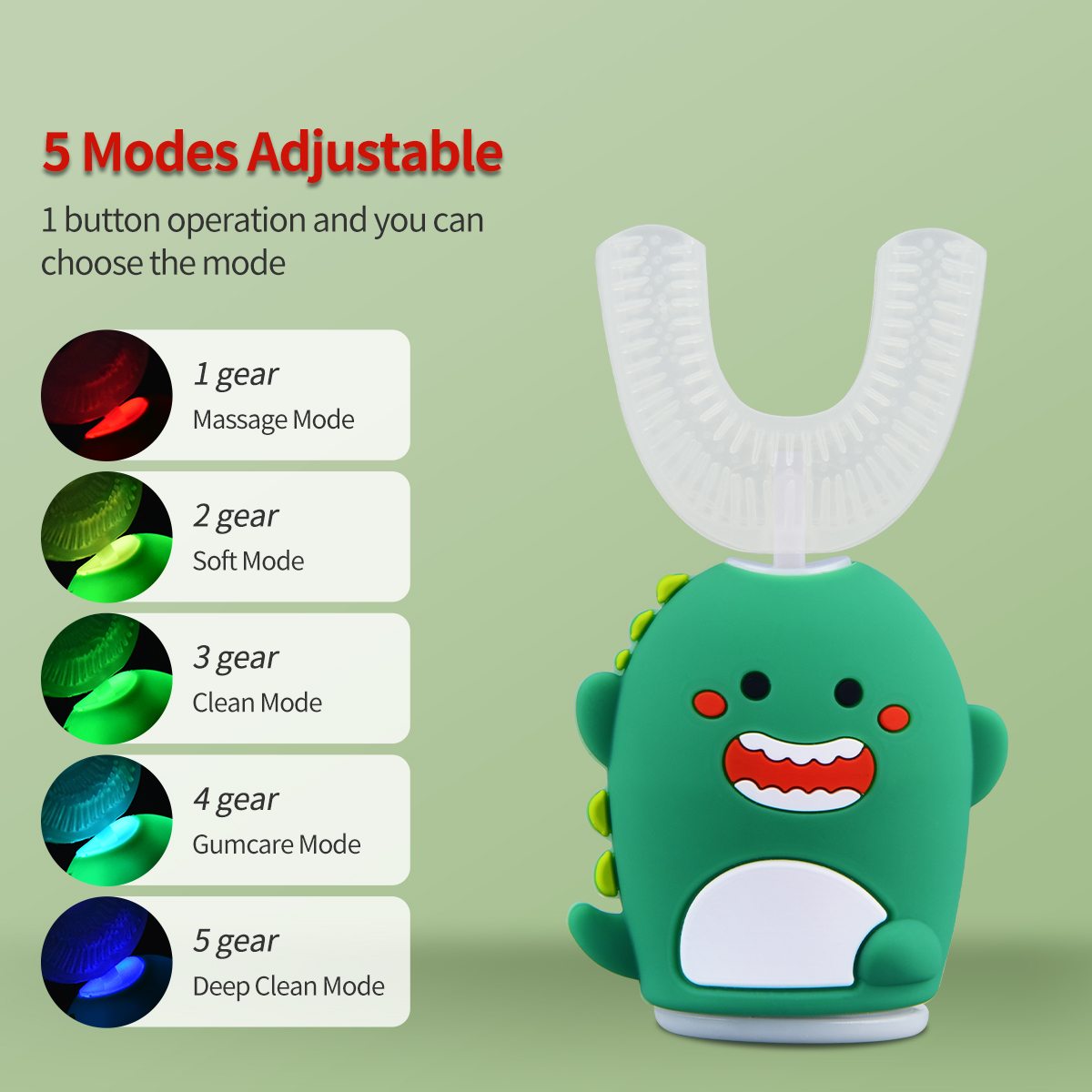 Smart 360° U-shape Sonic Electric Toothbrush Kids Silicone Automatic Cartoon Pattern Children Ultrasonic Toothbrush suitable for 6-12Y babies U-shape head + soft bristle head Support wireless charging