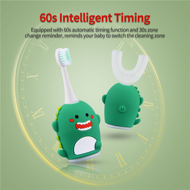 Smart 360° U-shape Sonic Electric Toothbrush Kids Silicone Automatic Cartoon Pattern Children Ultrasonic Toothbrush suitable for 6-12Y babies U-shape head + soft bristle head Support wireless charging