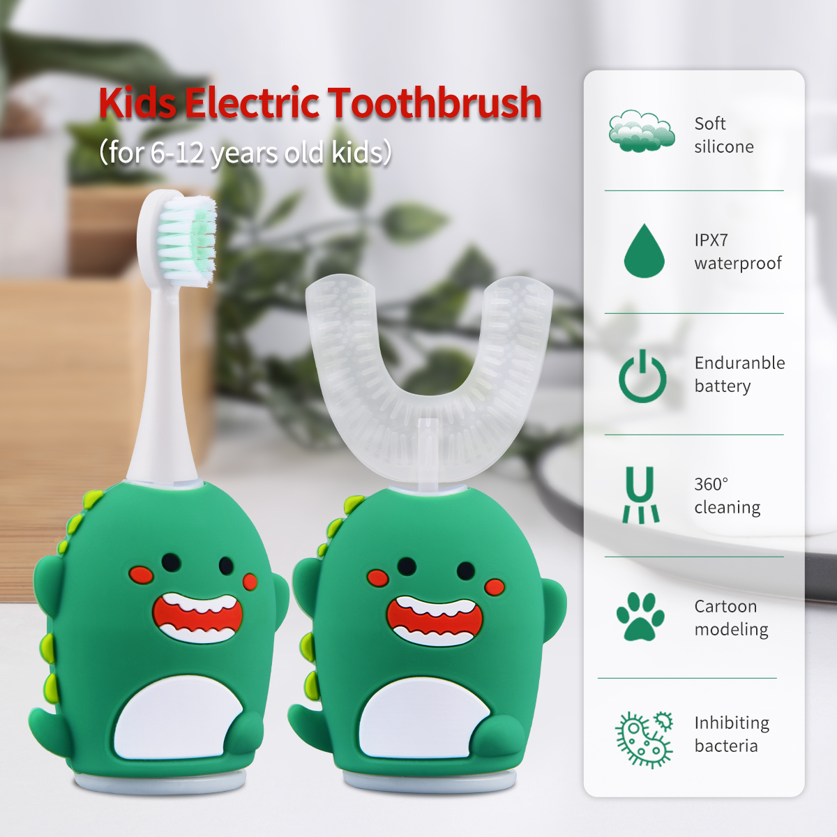 Smart 360° U-shape Sonic Electric Toothbrush Kids Silicone Automatic Cartoon Pattern Children Ultrasonic Toothbrush suitable for 6-12Y babies U-shape head + soft bristle head Support wireless charging
