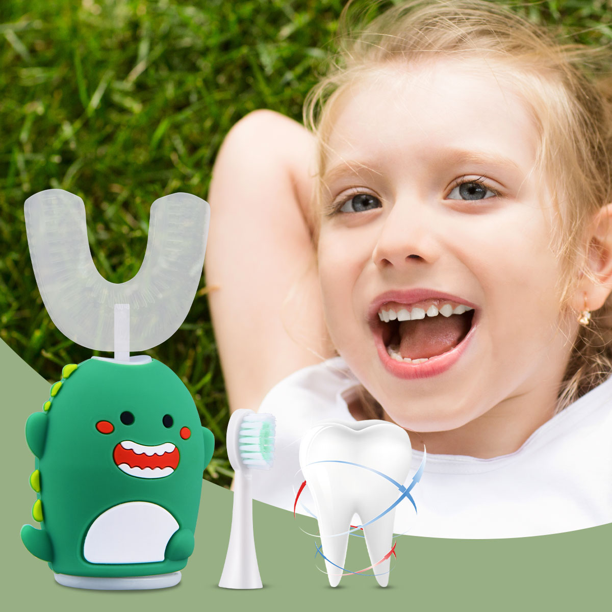 Smart 360° U-shape Sonic Electric Toothbrush Kids Silicone Automatic Cartoon Pattern Children Ultrasonic Toothbrush suitable for 6-12Y babies U-shape head + soft bristle head Support wireless charging