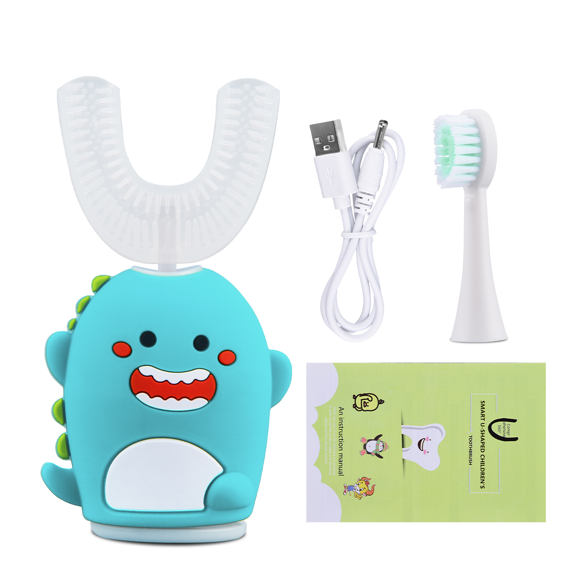 Smart 360° U-shape Sonic Electric Toothbrush Kids Silicone Automatic Cartoon Pattern Children Ultrasonic Toothbrush suitable for 6-12Y babies U-shape head + soft bristle head Support wireless charging