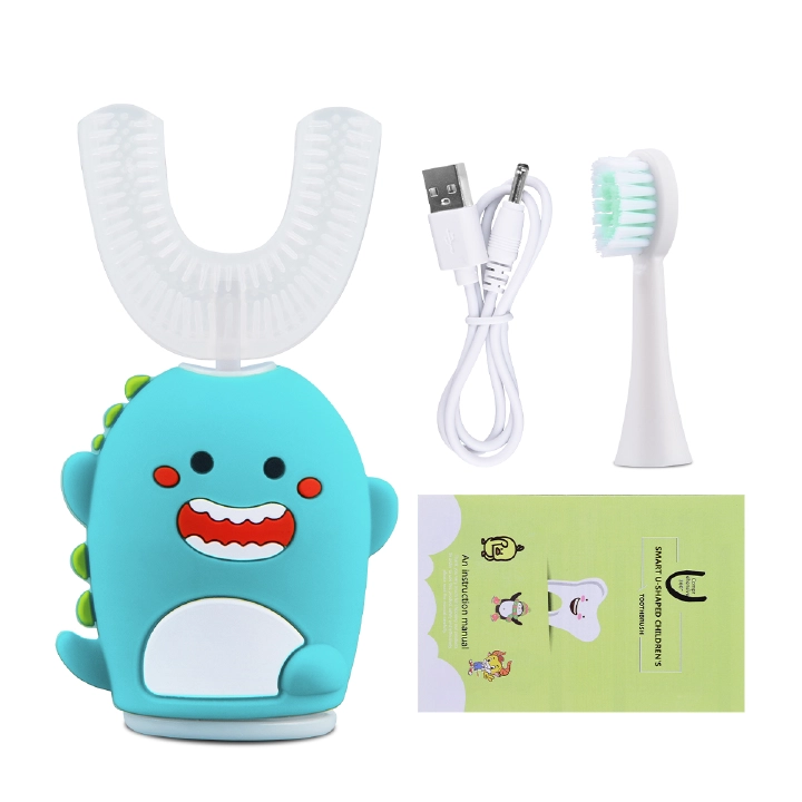 Smart 360° U-shape Sonic Electric Toothbrush Kids Silicone Automatic Cartoon Pattern Children Ultrasonic Toothbrush suitable for 6-12Y babies U-shape head + soft bristle head Support wireless charging