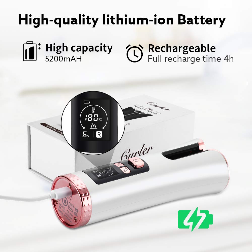 5200 mAh Cordless Automatic Hair Curler Rotating Ceramic USB Rechargeable Beach Waves Air Curler Wand Wireless Auto Curling Iron with LCD Temp Display and Timer Styling Tools