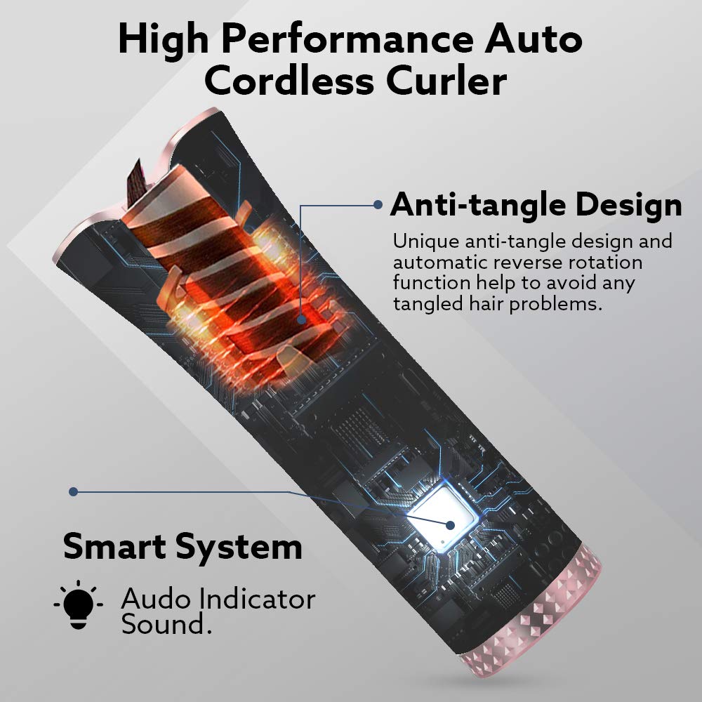 5200 mAh Cordless Automatic Hair Curler Rotating Ceramic USB Rechargeable Beach Waves Air Curler Wand Wireless Auto Curling Iron with LCD Temp Display and Timer Styling Tools