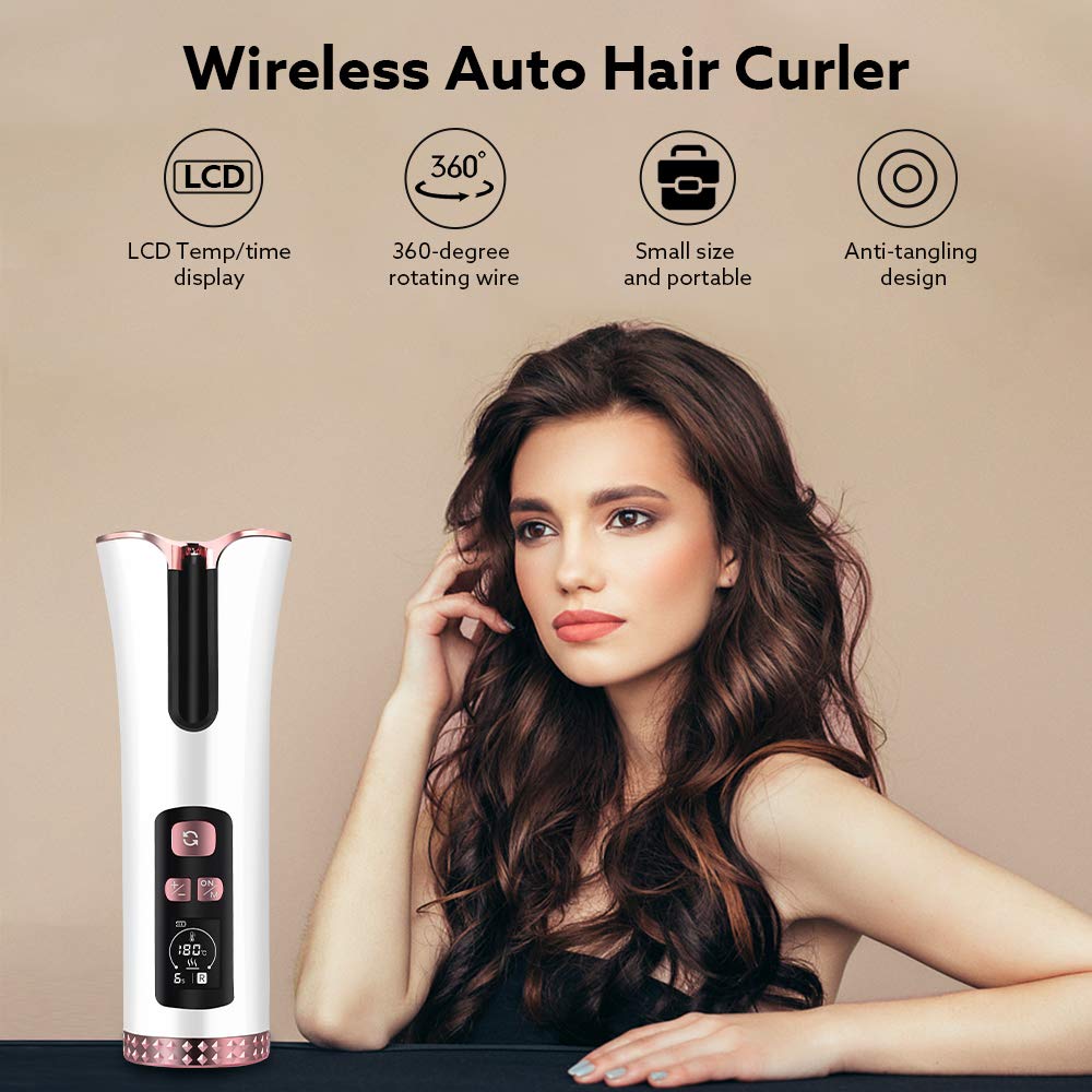5200 mAh Cordless Automatic Hair Curler Rotating Ceramic USB Rechargeable Beach Waves Air Curler Wand Wireless Auto Curling Iron with LCD Temp Display and Timer Styling Tools