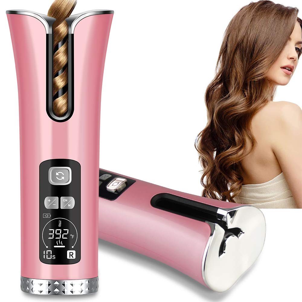 5200 mAh Cordless Automatic Hair Curler Rotating Ceramic USB Rechargeable Beach Waves Air Curler Wand Wireless Auto Curling Iron with LCD Temp Display and Timer Styling Tools