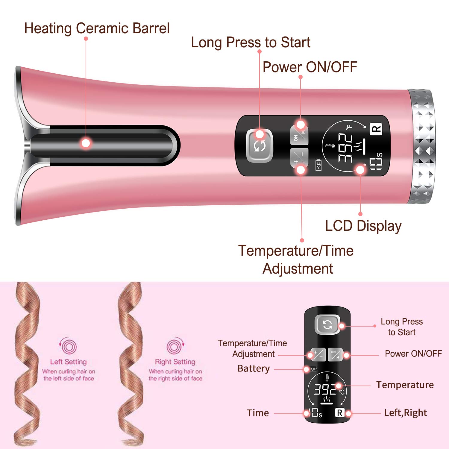 5200 mAh Cordless Automatic Hair Curler Rotating Ceramic USB Rechargeable Beach Waves Air Curler Wand Wireless Auto Curling Iron with LCD Temp Display and Timer Styling Tools