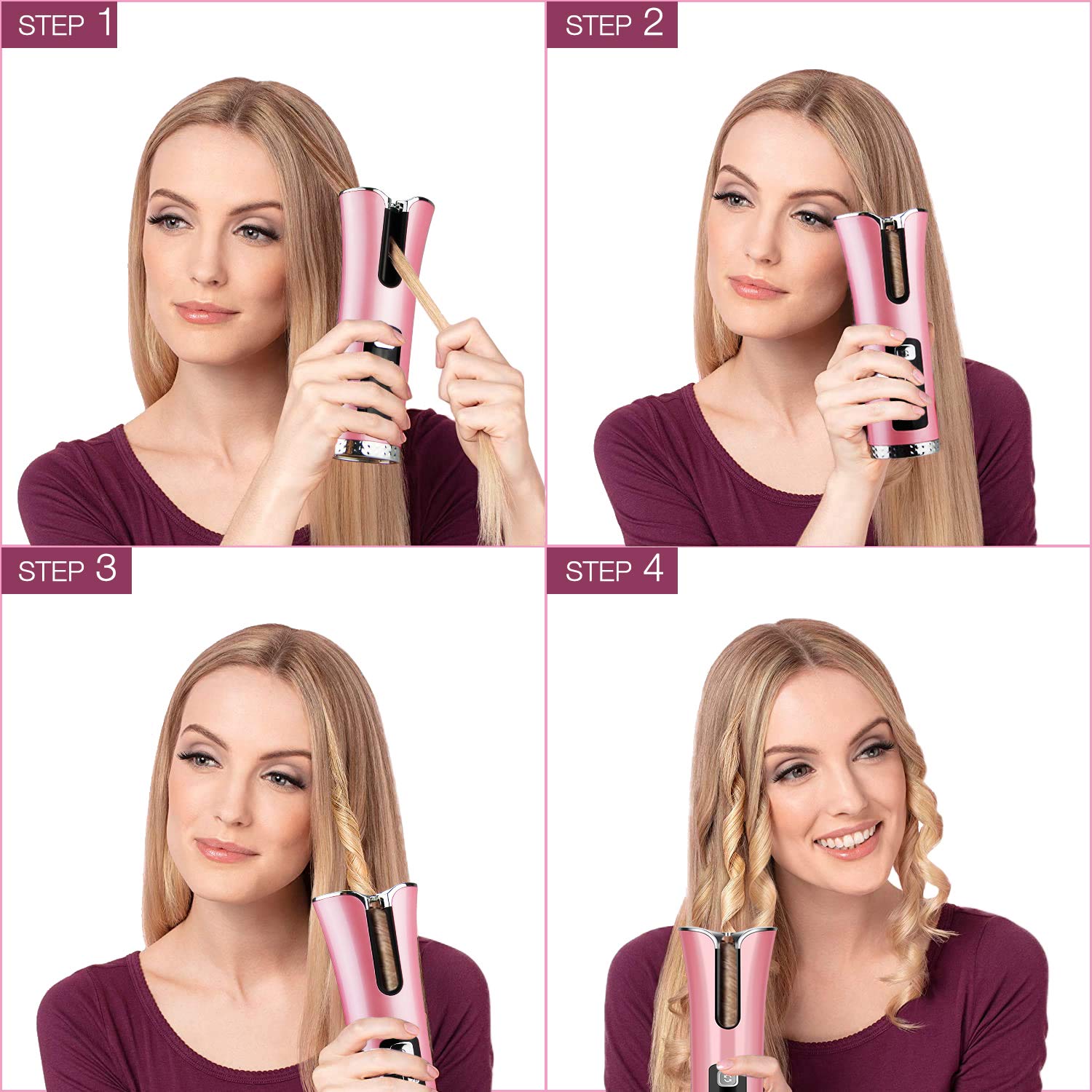 5200 mAh Cordless Automatic Hair Curler Rotating Ceramic USB Rechargeable Beach Waves Air Curler Wand Wireless Auto Curling Iron with LCD Temp Display and Timer Styling Tools