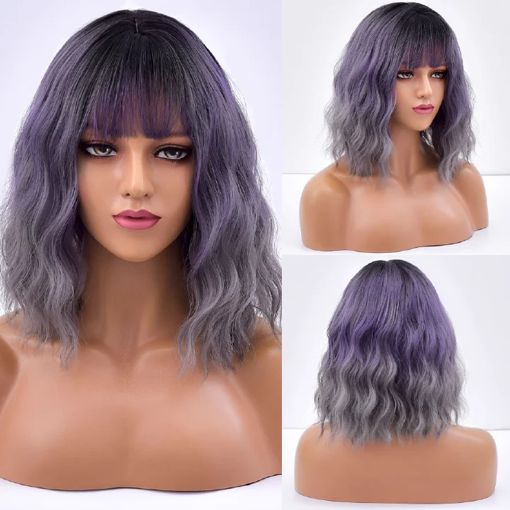 Purple Ombre Short Bob Body Wave Synthetic Wigs For Women Natural Synthetic White Cosplay Synthetic Natural Hair Lolita Pelicula