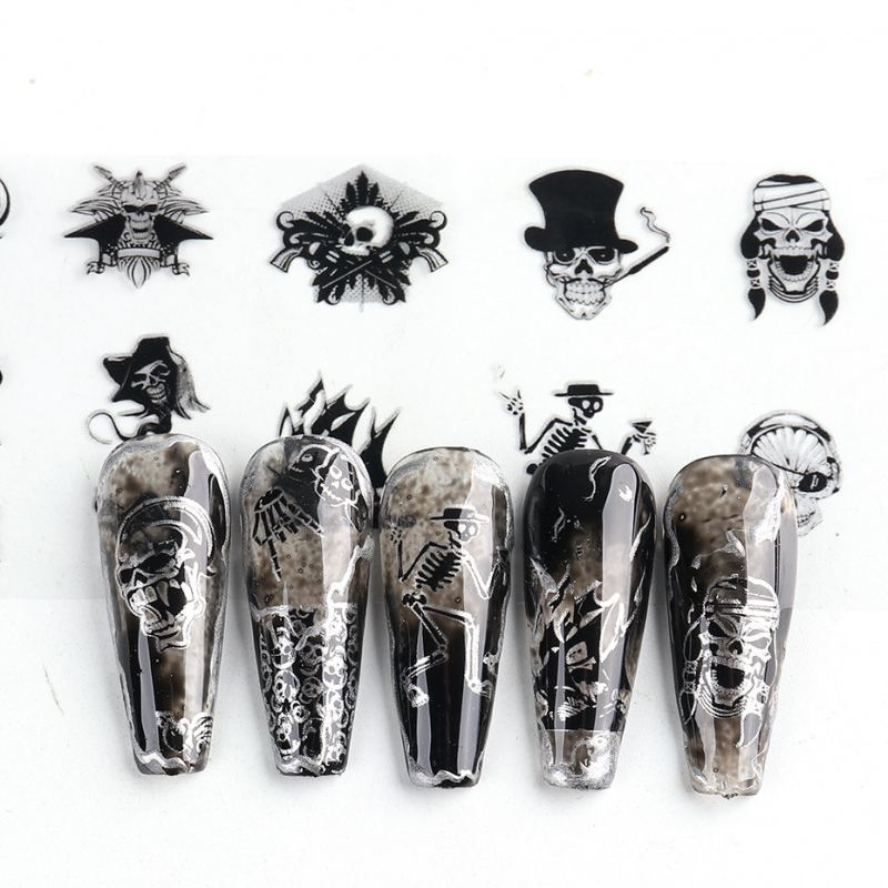 10Pcs/set Black Skull Design Foils Nail Art Sticker Transfer Decal Slider Gel Polish Glue Paper Wraps Manicure Decoration Halloween Easter ins Style