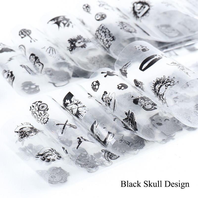 10Pcs/set Black Skull Design Foils Nail Art Sticker Transfer Decal Slider Gel Polish Glue Paper Wraps Manicure Decoration Halloween Easter ins Style