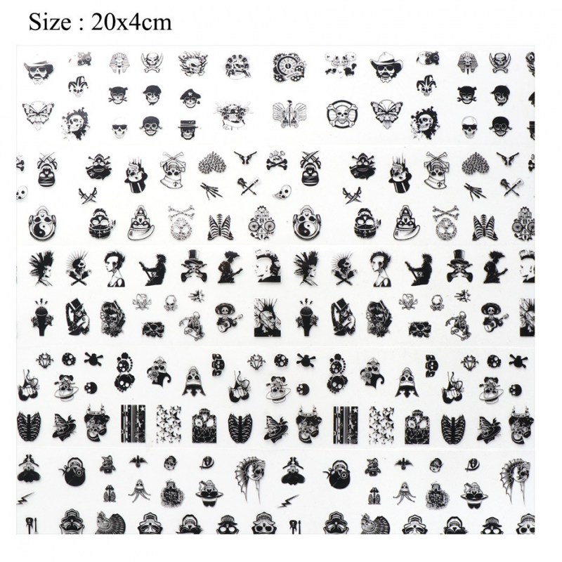10Pcs/set Black Skull Design Foils Nail Art Sticker Transfer Decal Slider Gel Polish Glue Paper Wraps Manicure Decoration Halloween Easter ins Style