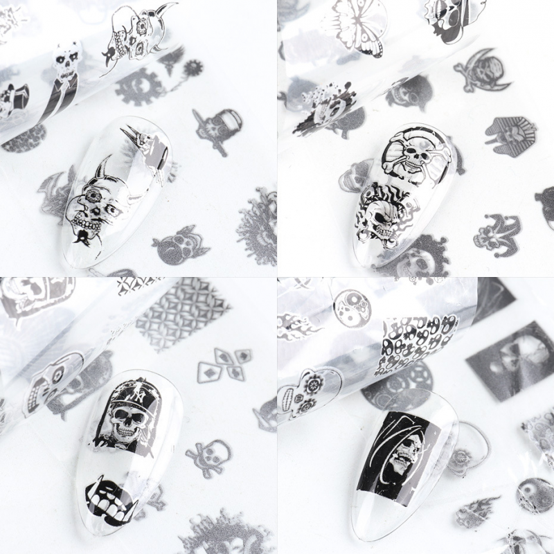 10Pcs/set Black Skull Design Foils Nail Art Sticker Transfer Decal Slider Gel Polish Glue Paper Wraps Manicure Decoration Halloween Easter ins Style