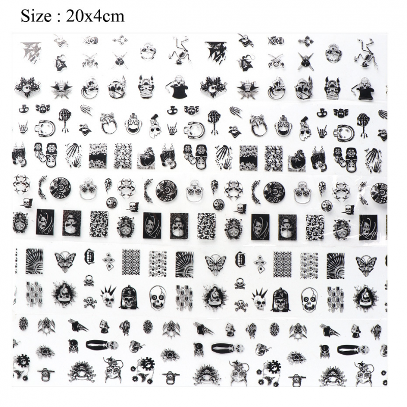 10Pcs/set Black Skull Design Foils Nail Art Sticker Transfer Decal Slider Gel Polish Glue Paper Wraps Manicure Decoration Halloween Easter ins Style