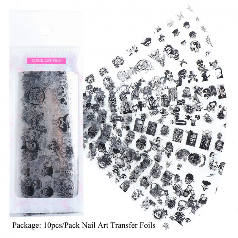 10Pcs/set Black Skull Design Foils Nail Art Sticker Transfer Decal Slider Gel Polish Glue Paper Wraps Manicure Decoration Halloween Easter ins Style