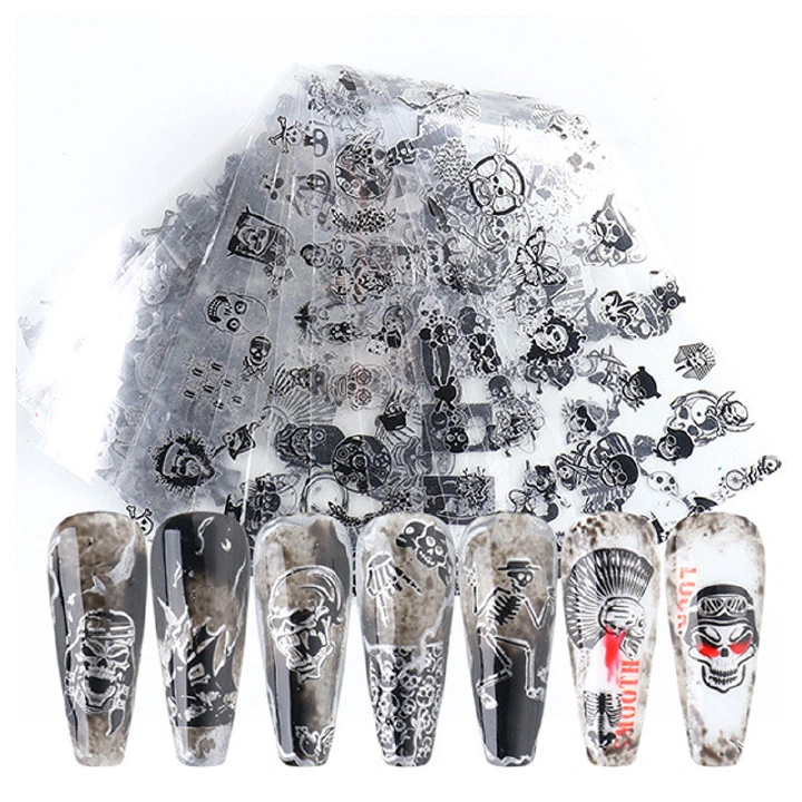 10Pcs/set Black Skull Design Foils Nail Art Sticker Transfer Decal Slider Gel Polish Glue Paper Wraps Manicure Decoration Halloween Easter ins Style
