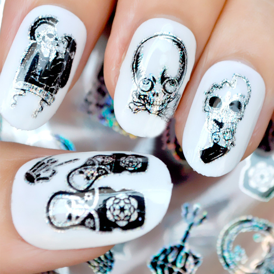 10Pcs/set Black Skull Design Foils Nail Art Sticker Transfer Decal Slider Gel Polish Glue Paper Wraps Manicure Decoration Halloween Easter ins Style