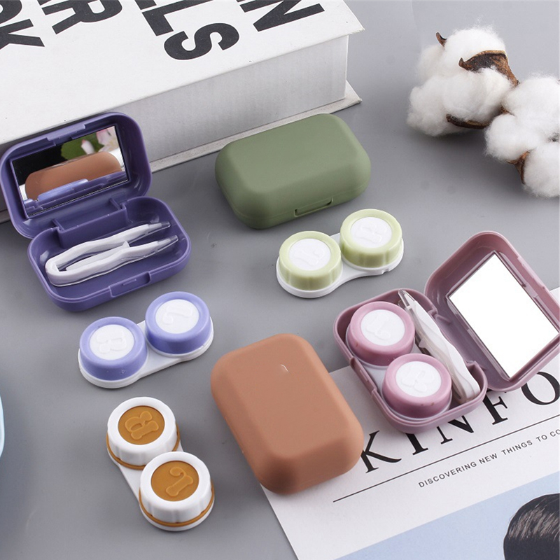 Frosted Mini Rubber Paint Square Contact Lens Case With Mirror Women Colored Contact Lenses Box Eyes Contact Lens Container