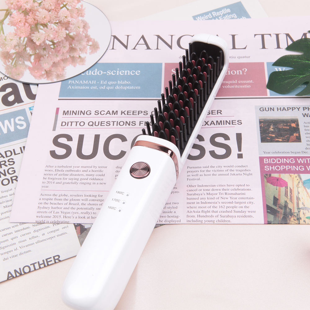 New Arrival White Rechargeable Hair Straightener Brush Wireless USB Recharge Easy to Carry 100-240v Universal Perm Machine