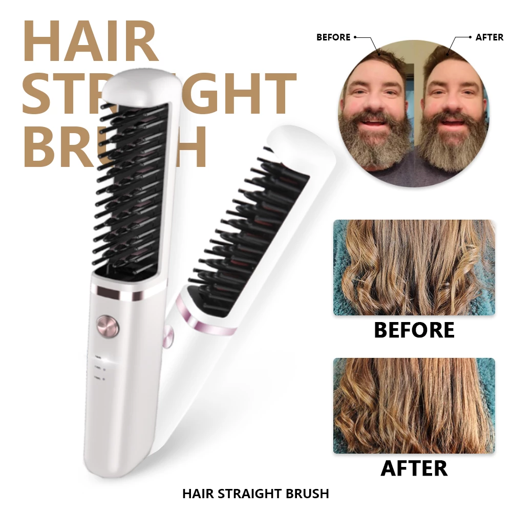New Arrival White Rechargeable Hair Straightener Brush Wireless USB Recharge Easy to Carry 100-240v Universal Perm Machine