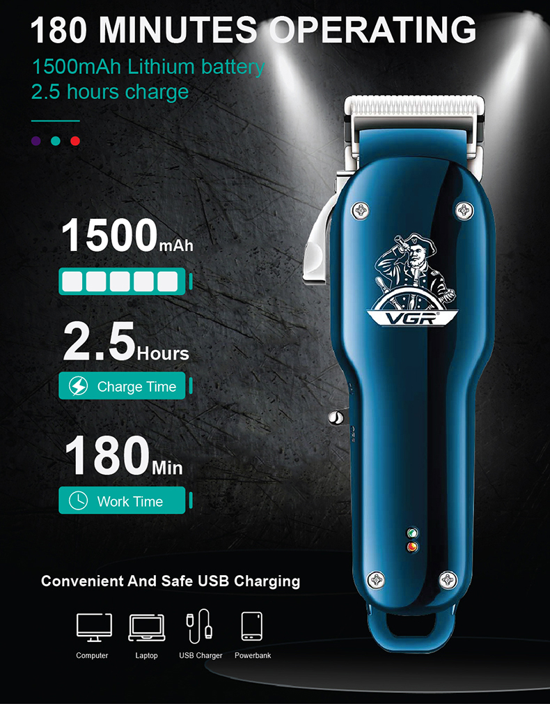 Hair Cutting Machine Electric Hair Clipper Professional Haircut Barber USB Rechargeable Cordless Hair Trimmer For Men V-679 Stainless Steel Blade With 4 Limit Comb 3/6/9/13 mm
