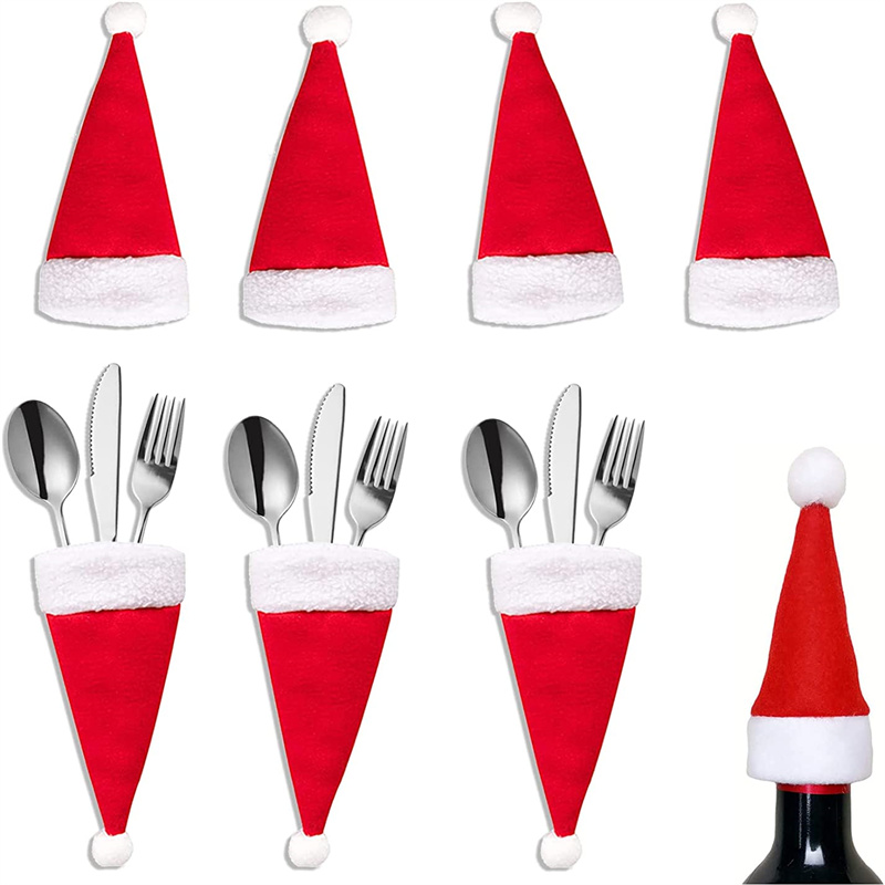 10pcs Christmas Hat Tableware Holder Fork Knife Cutlery Storage Holder Bag Home Decoration Accessories Kitchen Tableware Holde