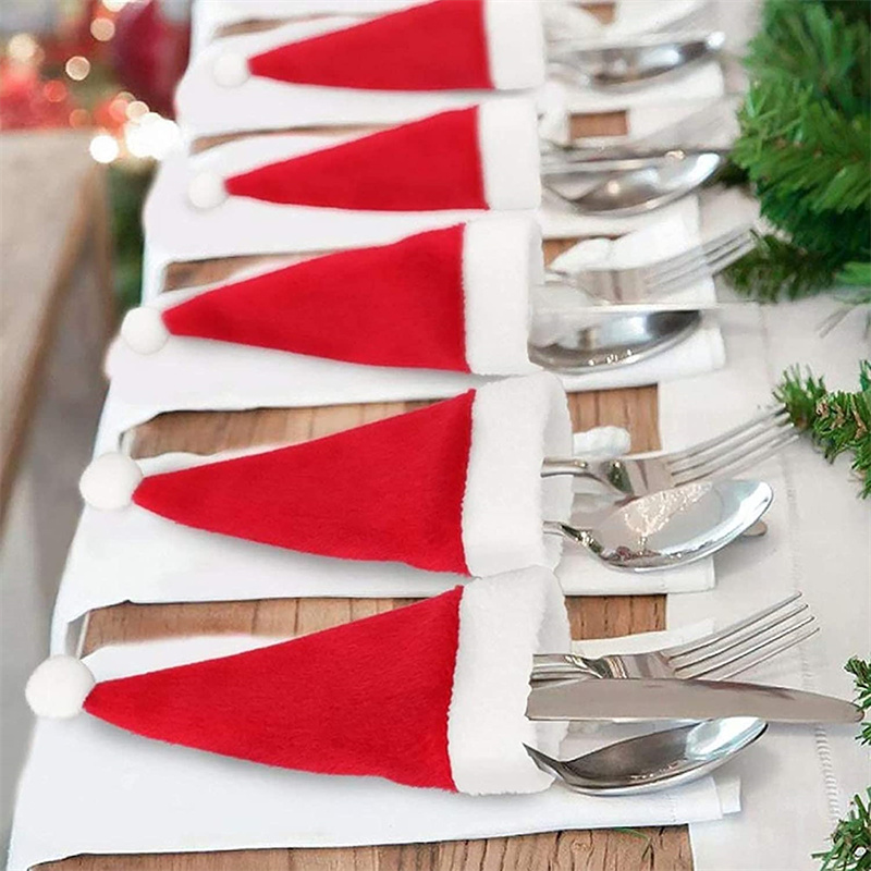 10pcs Christmas Hat Tableware Holder Fork Knife Cutlery Storage Holder Bag Home Decoration Accessories Kitchen Tableware Holde