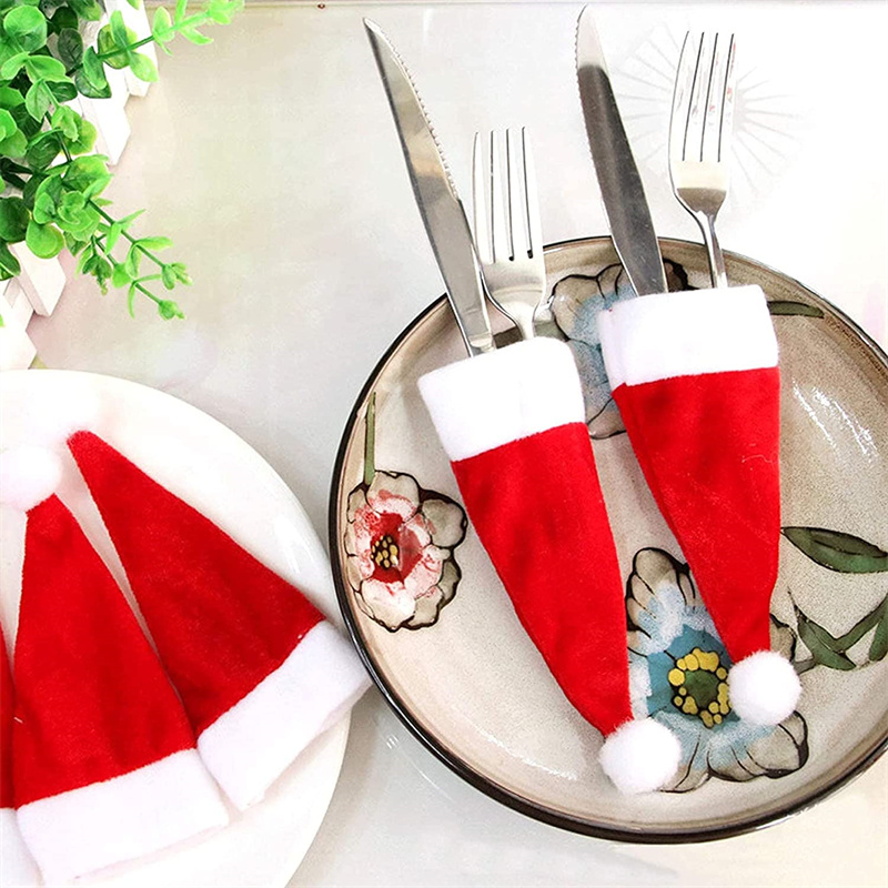 10pcs Christmas Hat Tableware Holder Fork Knife Cutlery Storage Holder Bag Home Decoration Accessories Kitchen Tableware Holde