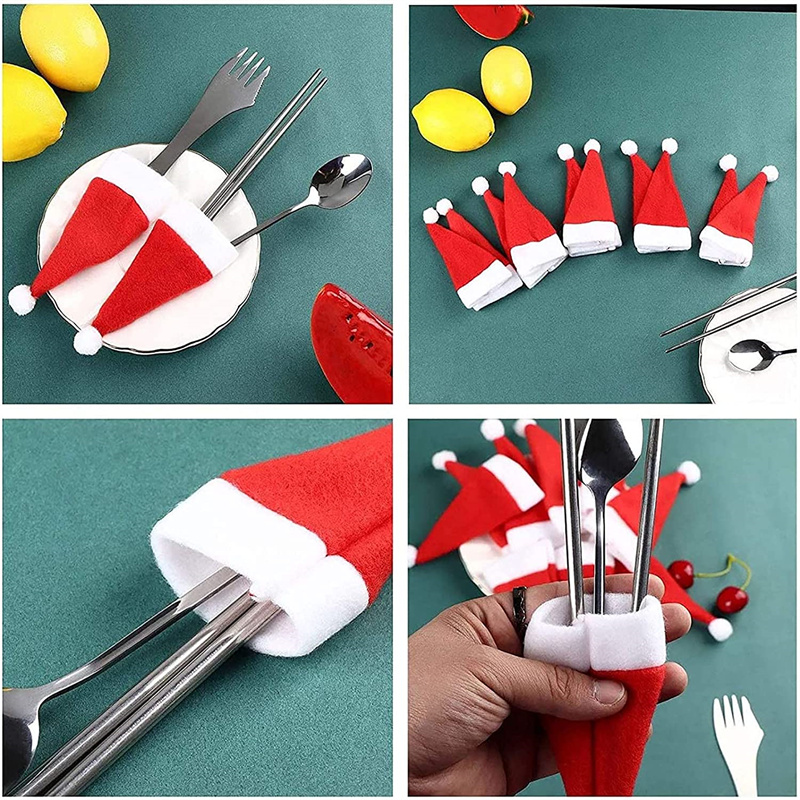 10pcs Christmas Hat Tableware Holder Fork Knife Cutlery Storage Holder Bag Home Decoration Accessories Kitchen Tableware Holde